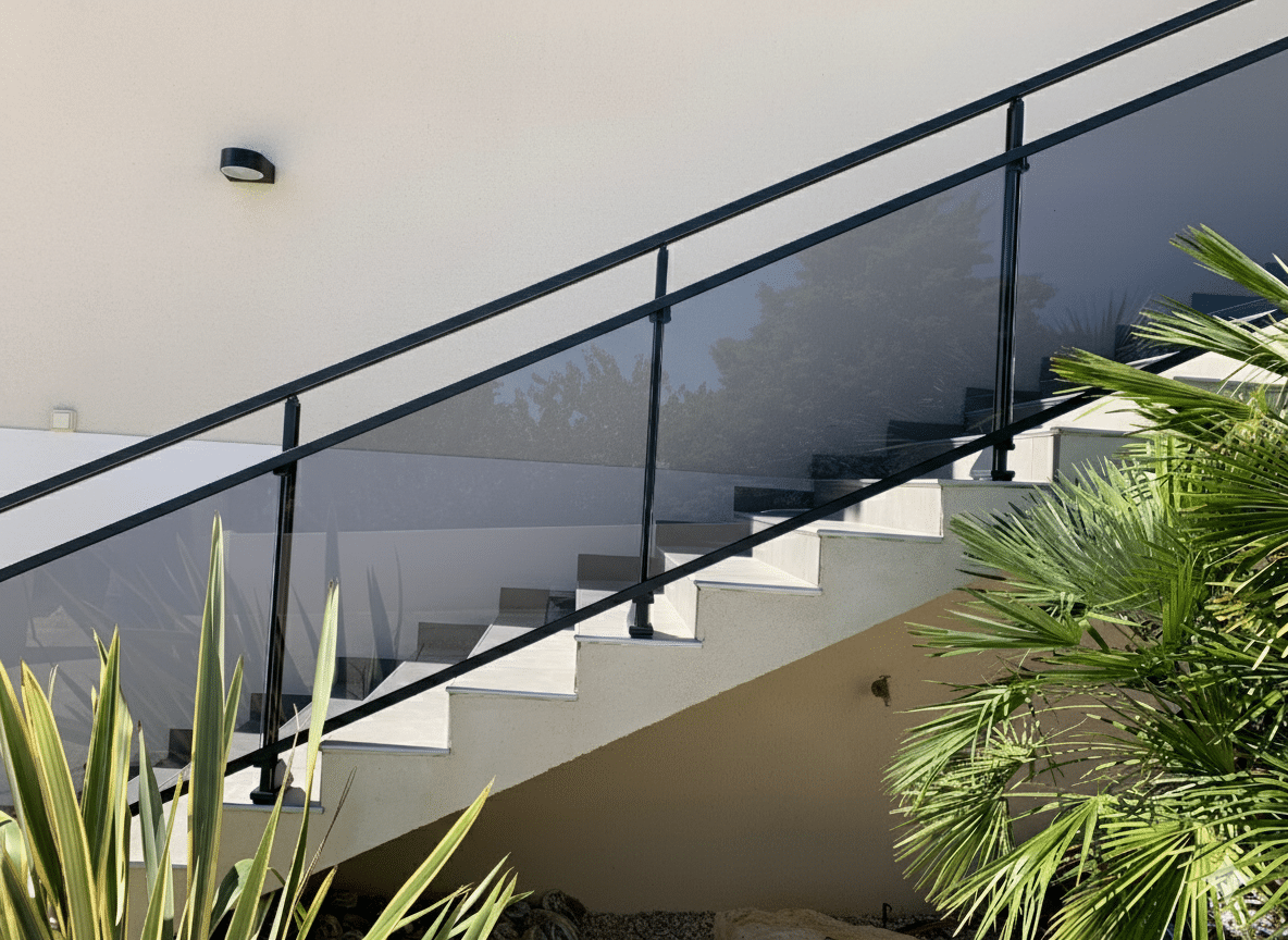 Garde-corps alu ORION 1 avec vitrage Gris CETAL - Pose sur escalier