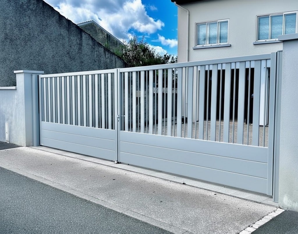 Grand Portail battant alu SATURNE de 7m - CETAL - Barreaux et planches verticaux - 3 traverses basses